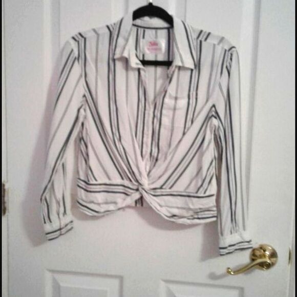 Justice White & Gray Striped Crossed Long Sleeve Teen Blouse - Picture 1 of 8